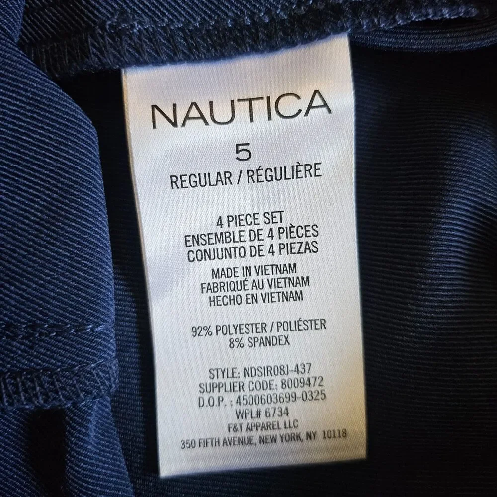 Nautica Boys Kids Beige 4pc Blue Suit Outfit Sz 5 NWT Shirt Pants Vest Bow tie